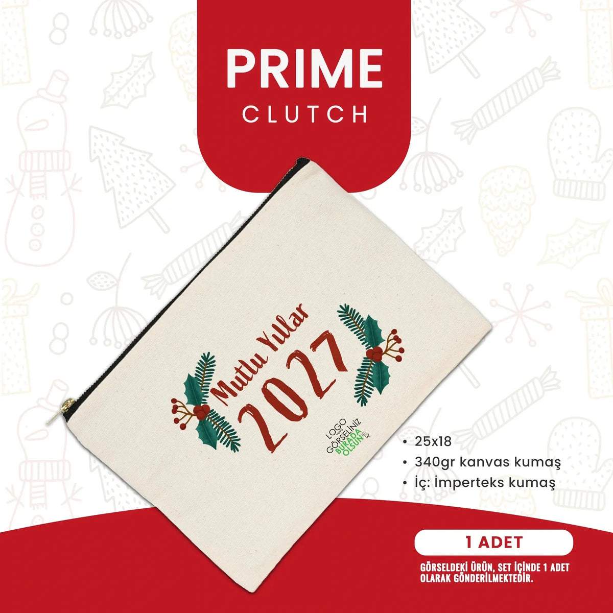 Mutlu Yıllar 2027 baskılı yılbaşı temalı kanvas clutch çanta 25x18 cm.