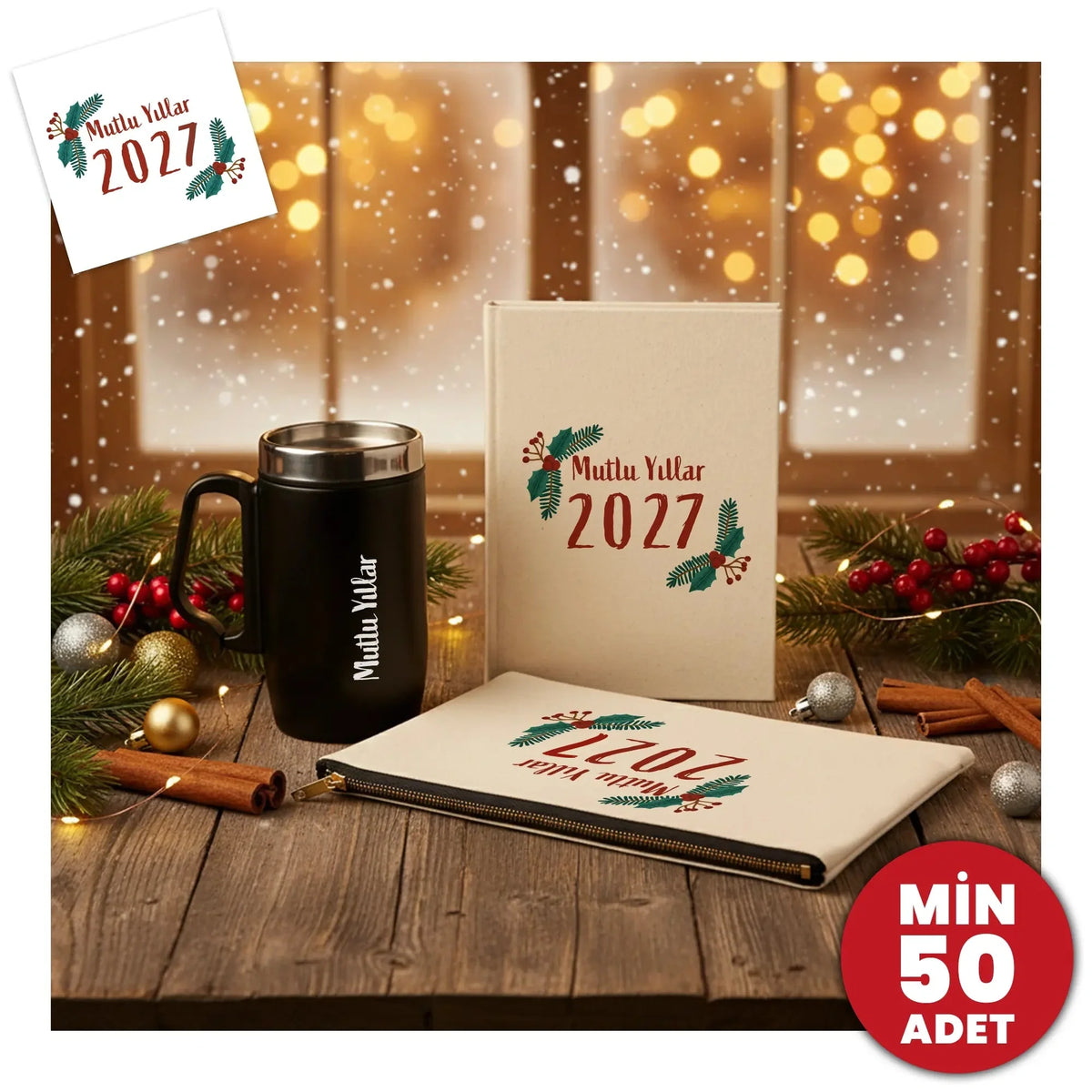Yılbaşı ofis hediye seti – Mutlu Yıllar 2027 logolu termos, kanvas defter ve clutch çanta.