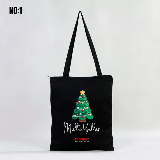 Fermuarlı Siyah Gabardin Çanta 35x40 cm Yılbaşı Bez Çanta Baskılı (Özelleştirilebilir)