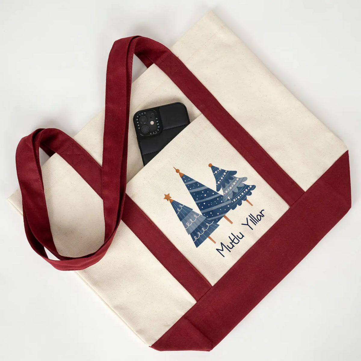 Yılbaşı Özel Bordo Kulplu Trend Kanvas Çanta 40x35x12 cm – Özelleştirilebilir - yakın çekim