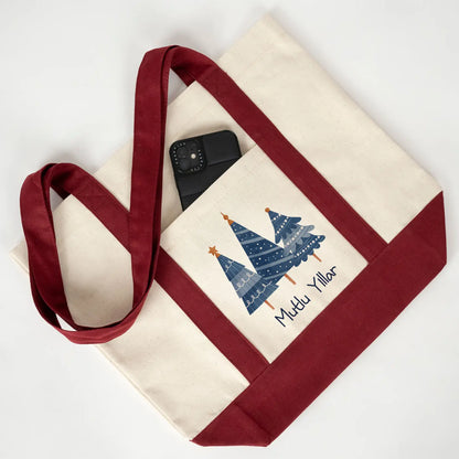 Yılbaşı Özel Bordo Kulplu Trend Kanvas Çanta 40x35x12 cm – Özelleştirilebilir - yakın çekim