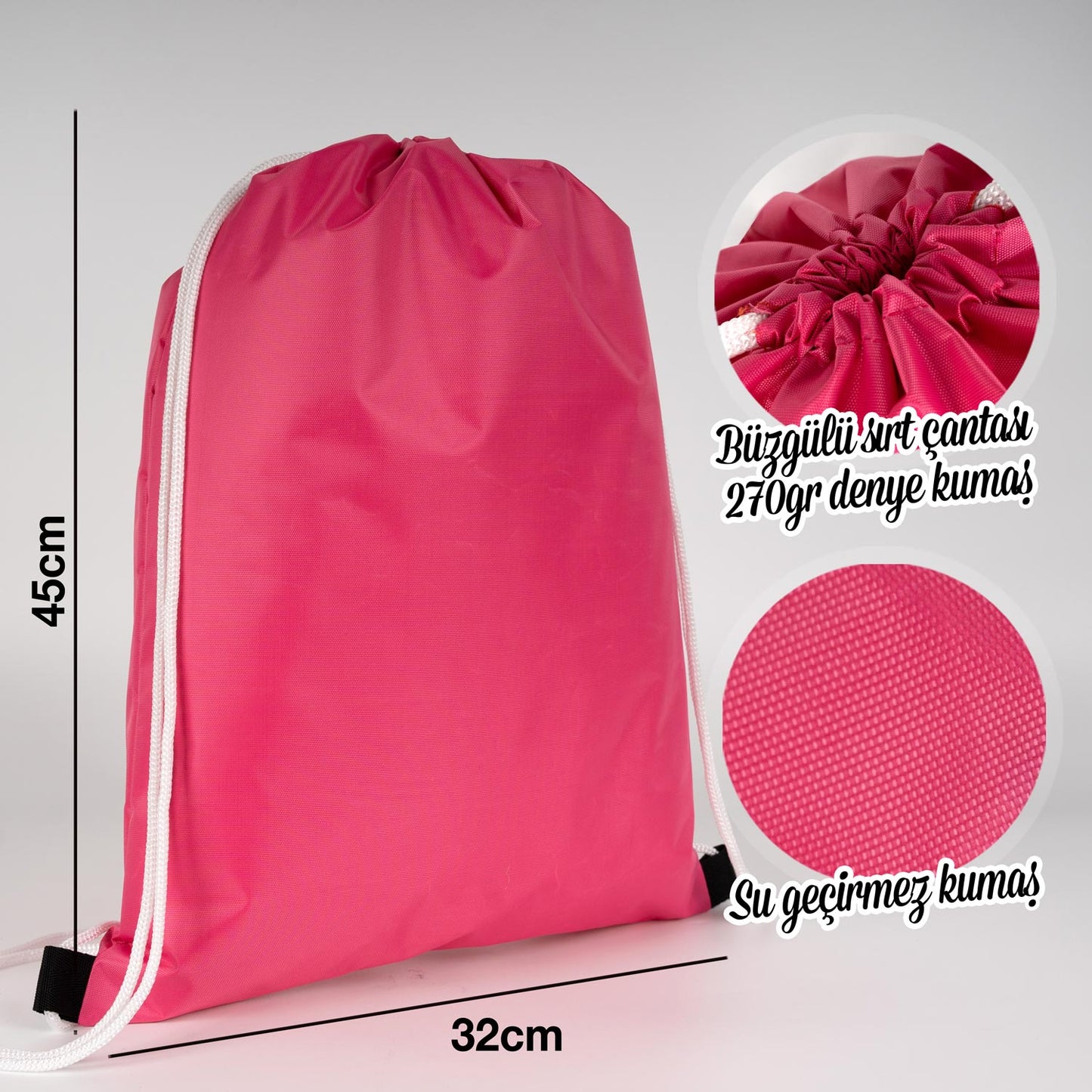 Beyaz ipli 32x45 cm fuşya imperteks kumaş çanta, baskısız ve suya dayanıklı.