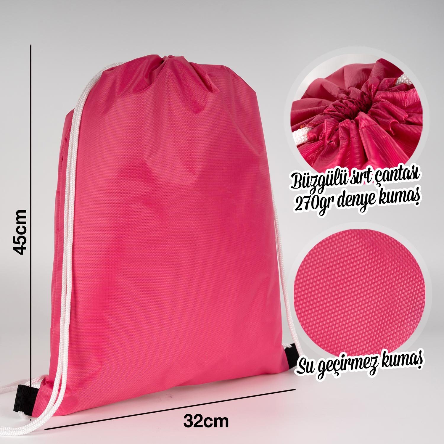 Beyaz ipli 32x45 cm fuşya imperteks kumaş çanta, baskısız ve suya dayanıklı.