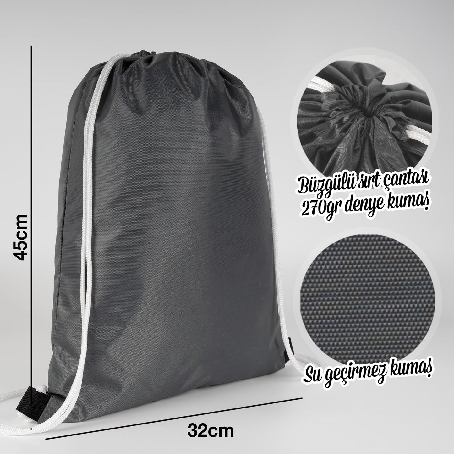 Beyaz ipli 32x45 cm antrasit imperteks kumaş çanta, baskısız ve suya dayanıklı.
