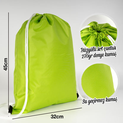 Beyaz ipli 32x45 cm neon fıstık yeşili imperteks kumaş sırt çantası, baskısız ve suya dayanıklı.