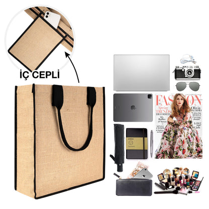 Tam Körüklü Large Jüt Çanta 35x40x12 cm (Özelleştirilebilir)