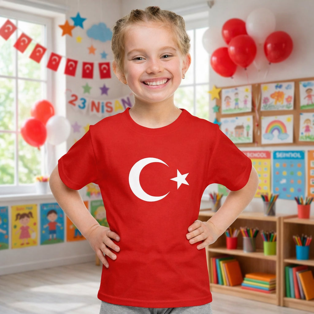 Ay Yıldız Baskılı Promosyon Çocuk Tişört - Kırmızı