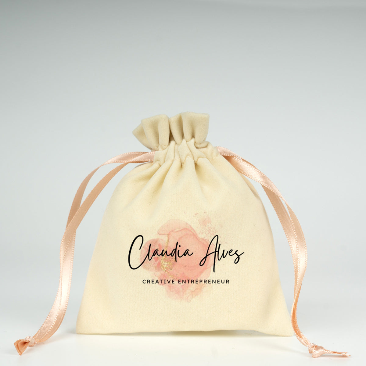 Kadife Gül Kese 10x13 cm - Pudra Renk İp (Özelleştirilebilir)