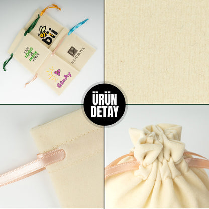 Kadife Gül Kese 10x13 cm - Pudra Renk İp (Özelleştirilebilir)