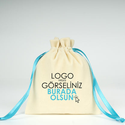 Kadife Gül Kese 10x13 cm - Turkuaz Renk İp (Özelleştirilebilir)