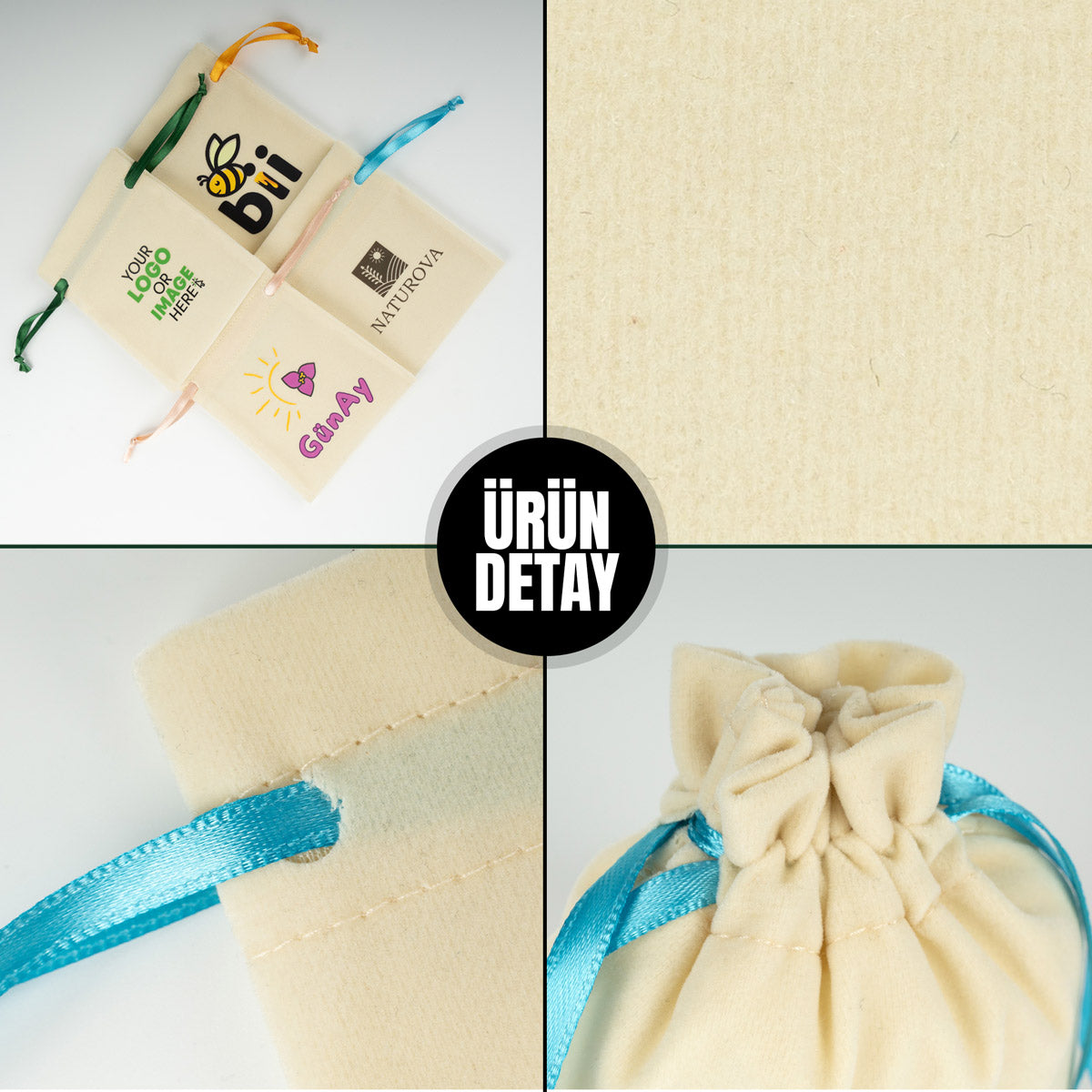 Kadife Gül Kese 10x13 cm - Turkuaz Renk İp (Özelleştirilebilir)