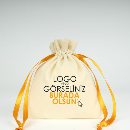 Kadife Gül Kese 10x13 cm - Turuncu Renk İp (Özelleştirilebilir)