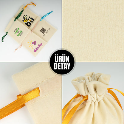 Kadife Gül Kese 10x13 cm - Turuncu Renk İp (Özelleştirilebilir)