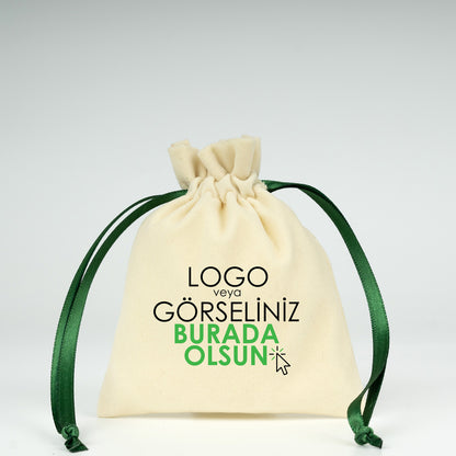 Kadife Gül Kese 10x13 cm - Yeşil Renk İp (Özelleştirilebilir)