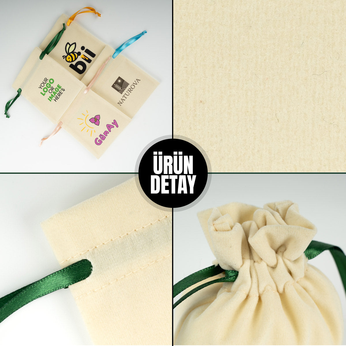 Kadife Gül Kese 10x13 cm - Yeşil Renk İp (Özelleştirilebilir)