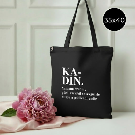 35x40 cm Siyah Gabardin Fermuarlı Bez Model - Kadınlar Günü