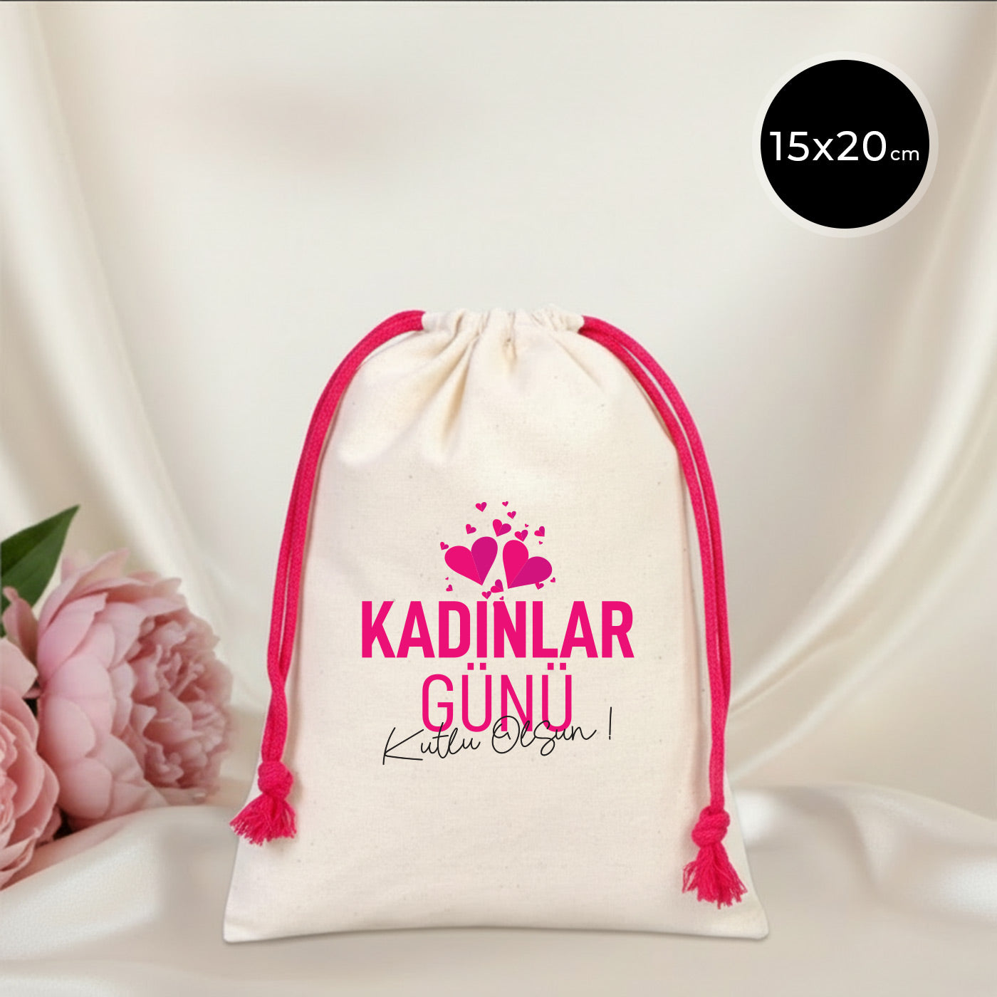 15x20 cm Renkli İp Fuşya Bez Kese – Kadınlar Günü Hediyesi
