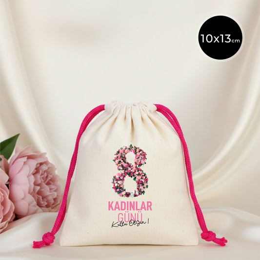10x13 Fuşya İpli Bez Kese – Kadınlar Günü Hediyesi
