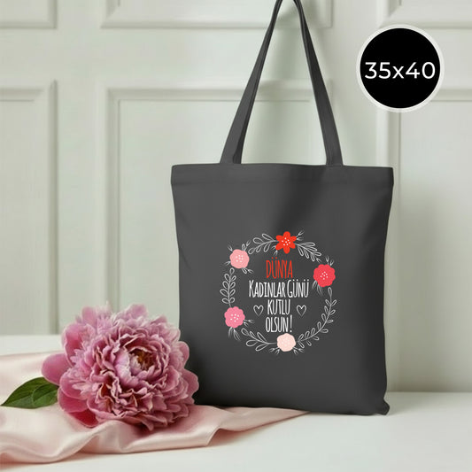 35x40 cm Antrasit Gabardin Bez Çanta - Kadınlar Günü