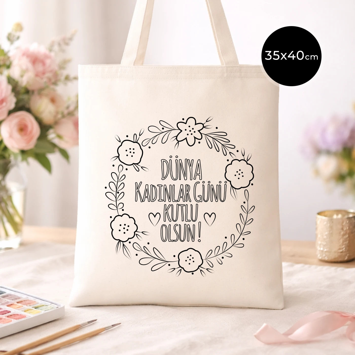 Boyanabilir 35x40 cm Gabardin Bez Çanta - Kadınlar Günü Hediyesi