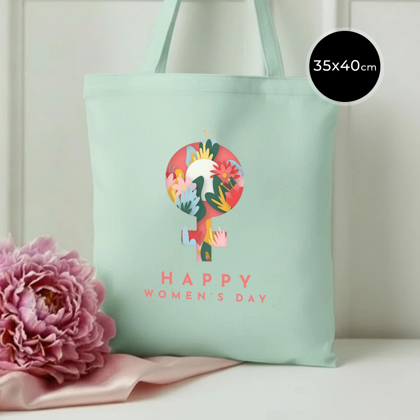 35x40 cm Mint Yeşili Gabardin Bez Çanta - Kadınlar Günü
