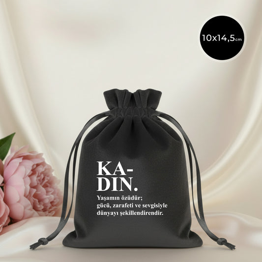 10x13 cm Antrasit Kadife Gül Kese - Kadınlar Günü Hediyesi