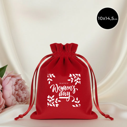 10x13 cm Kırmızı Kadife Gül Kese - Kadınlar Günü Hediyesi