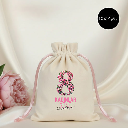 10x13 cm Pudra Renk İp Kadife Gül Kese - Kadınlar Günü Hediyesi