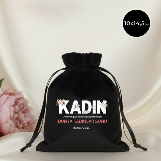 10x13 cm Siyah Kadife Gül Kese -  Kadınlar Günü Hediyesi