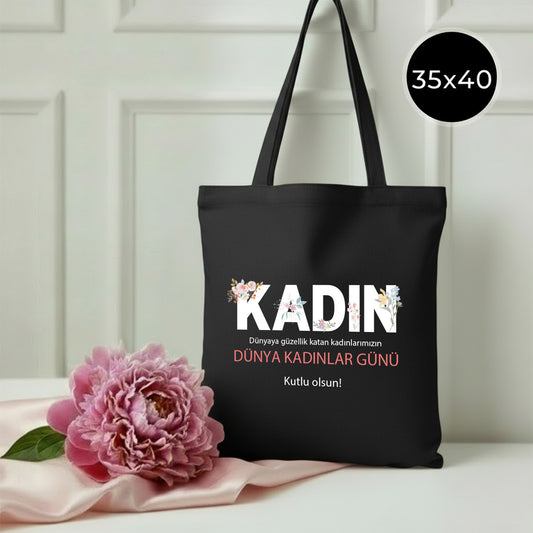 35 x 40 cm Siyah Kanvas Çanta - Kadınlar Günü