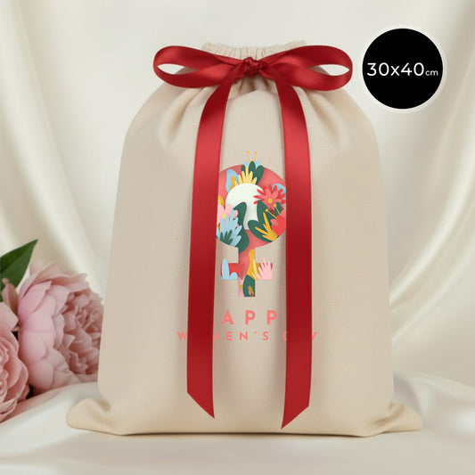 30x40 Kırmızı Kurdelalı Bez Kese – Kadınlar Günü Hediyesi