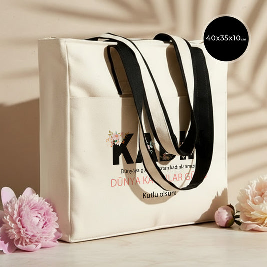 40x35x10 cm LUX Kanvas Çanta FERMUARLI, ÖN CEPLİ - Kadınlar Günü Hediyesi