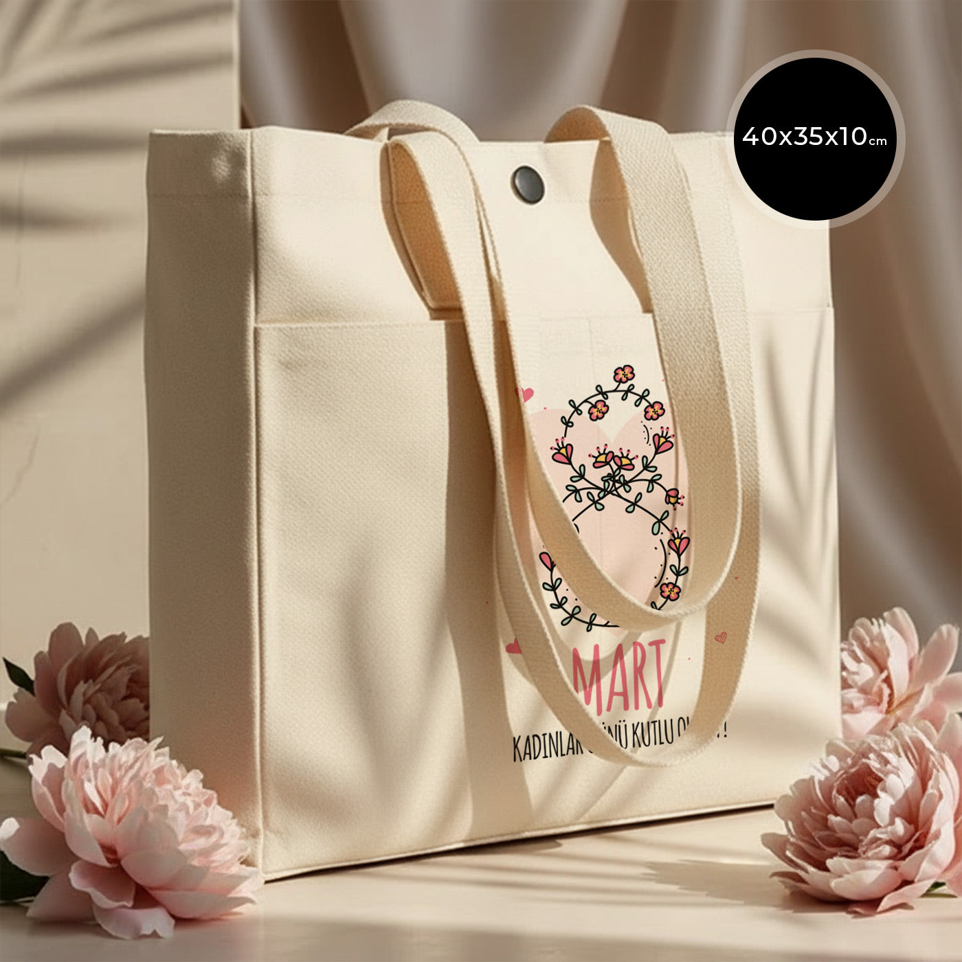 40x35x10 cm LUX Kanvas Çanta ÇITÇITLI, ÖN CEPLİ - Kadınlar Günü Hediyesi