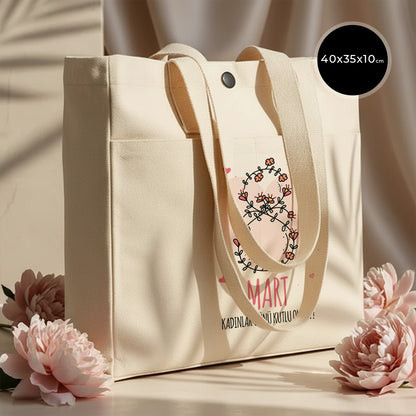 40x35x10 cm LUX Kanvas Çanta ÇITÇITLI, ÖN CEPLİ - Kadınlar Günü Hediyesi