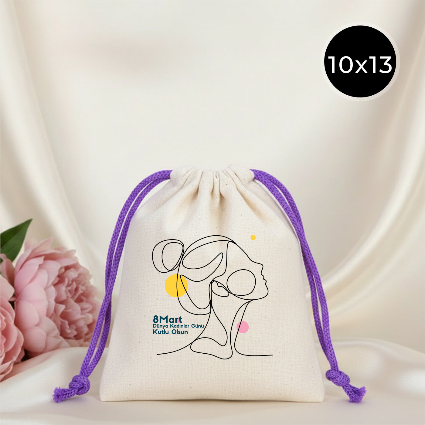 Kadınlar Günü Bez Kese 10x13 cm - Renkli İp