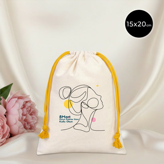 15x20 cm Renkli İp Sarı Bez Kese – Kadınlar Günü Hediyesi