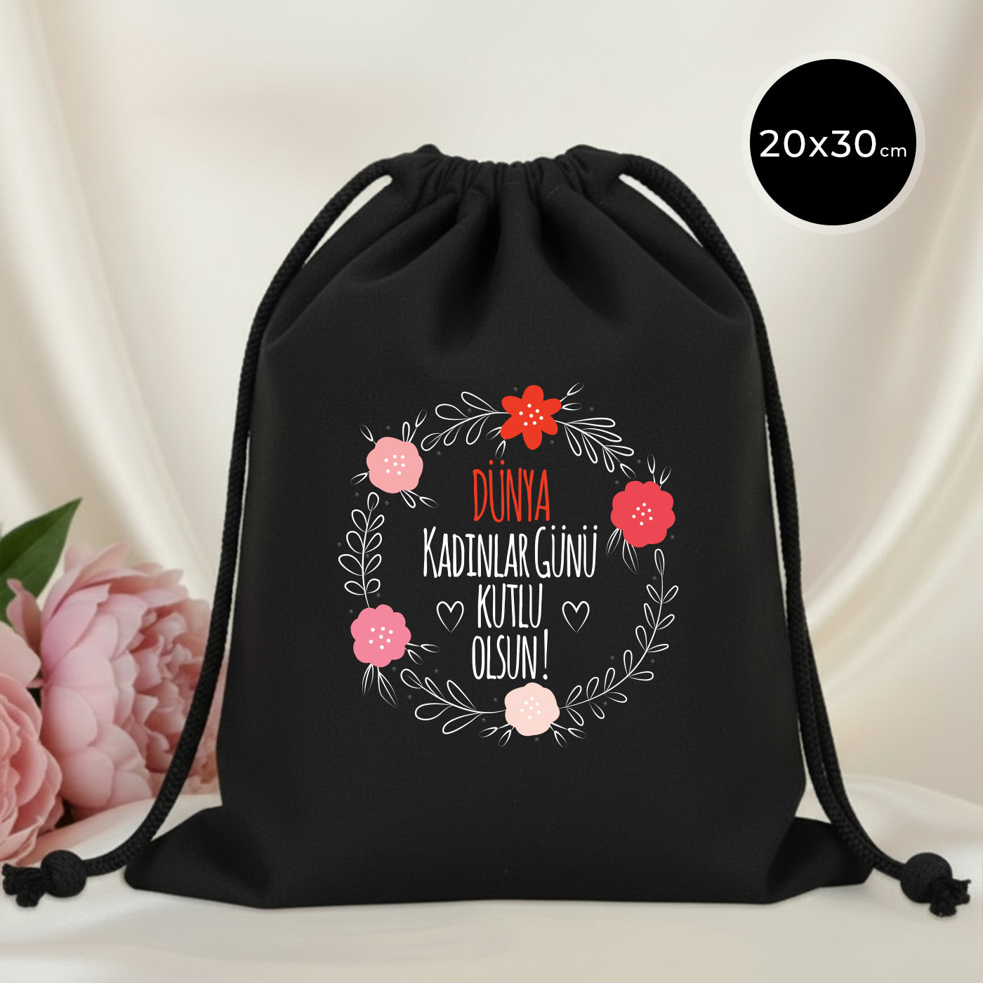 20x30 cm Siyah Bez Kese - Kadınlar Günü Hediyesi
