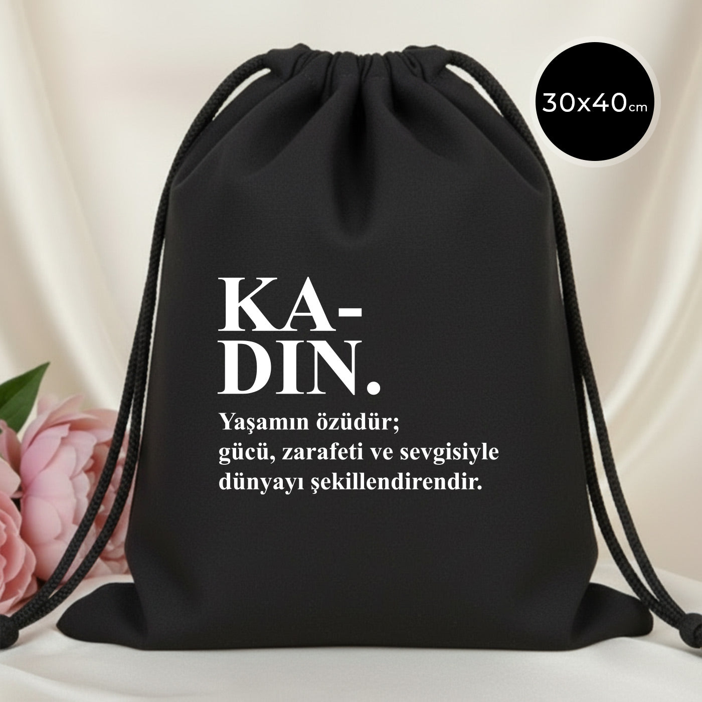 30x40 cm Siyah Bez Kese - Kadınlar Günü Hediyesi