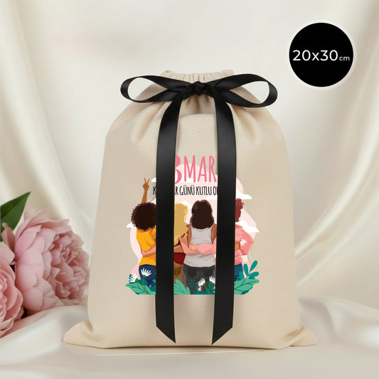 20x30 Siyah Kurdelalı Bez Kese – Kadınlar Günü Hediyesi