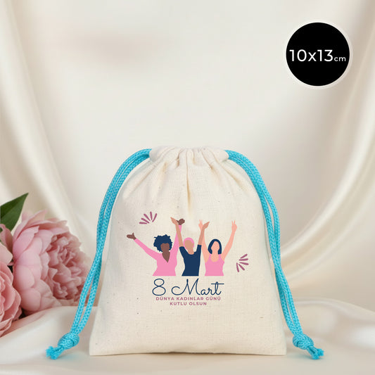 10x13 Turkuaz İpli Bez Kese – Kadınlar Günü Hediyesi