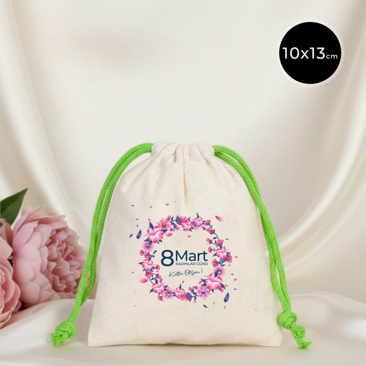 10x13 Yeşil İpli Bez Kese – Kadınlar Günü Hediyesi