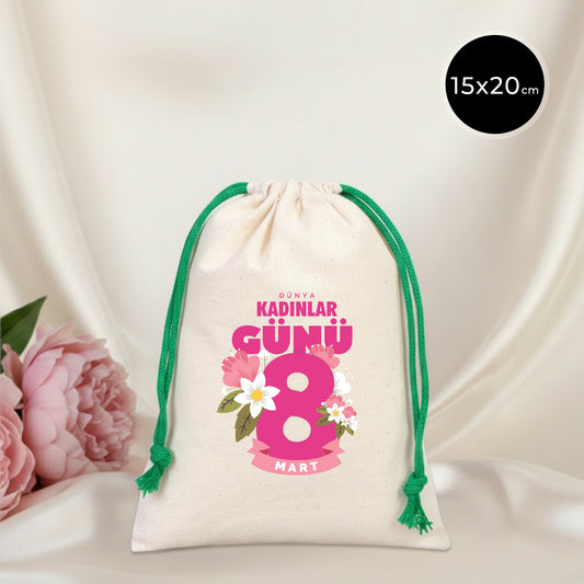 15x20 cm Bez Kese Yeşil İpli - Kadınlar Günü Hediyesi