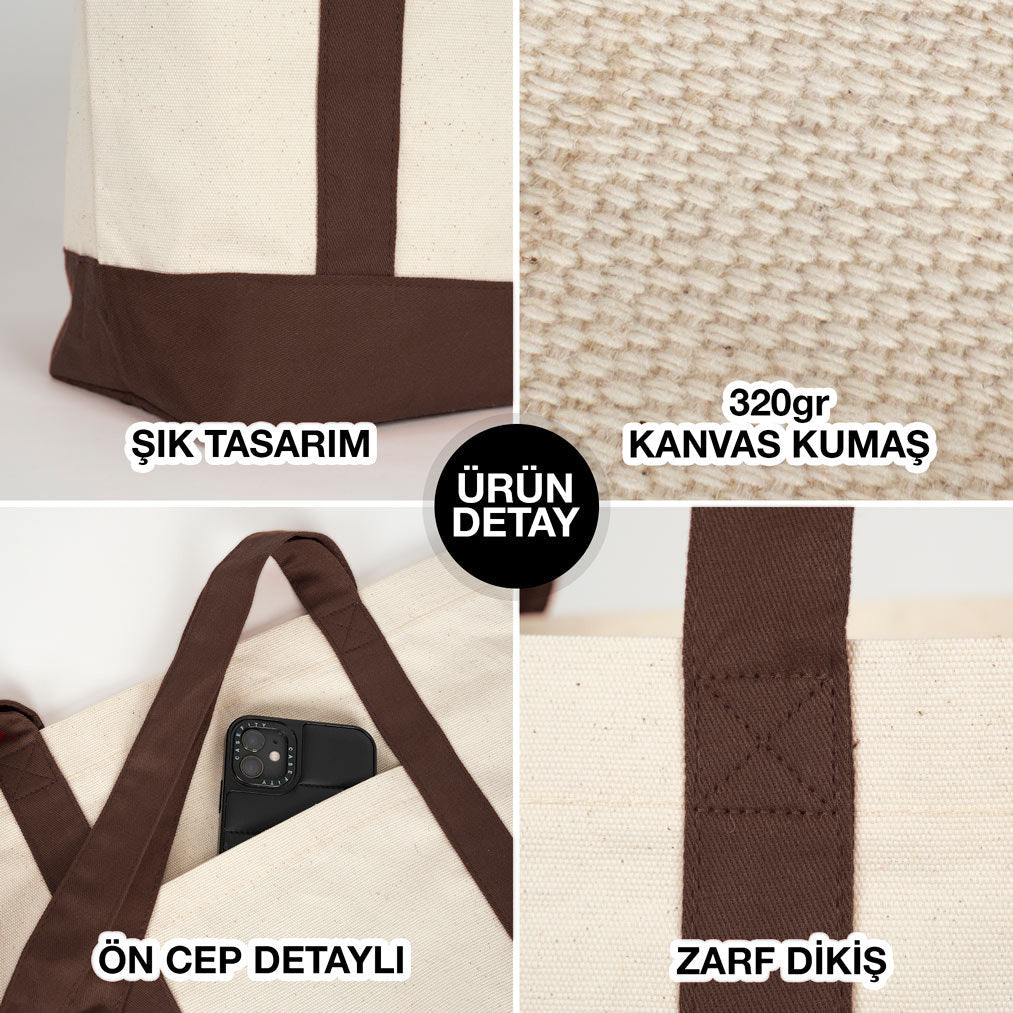 Trend Kanvas Çanta 40x35x12cm - Kahverengi Renkli Kulp - ürün detayları