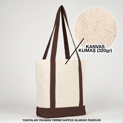 Trend Kanvas Çanta 40x35x12cm - Kahverengi Renkli Kulp - 320 gr kanvas kumaş