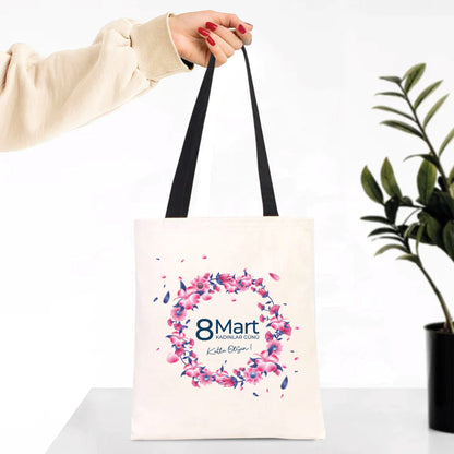 35x40 cm Siyah Kulp İç Cepli Kanvas Bez Çanta - Kadınlar Günü