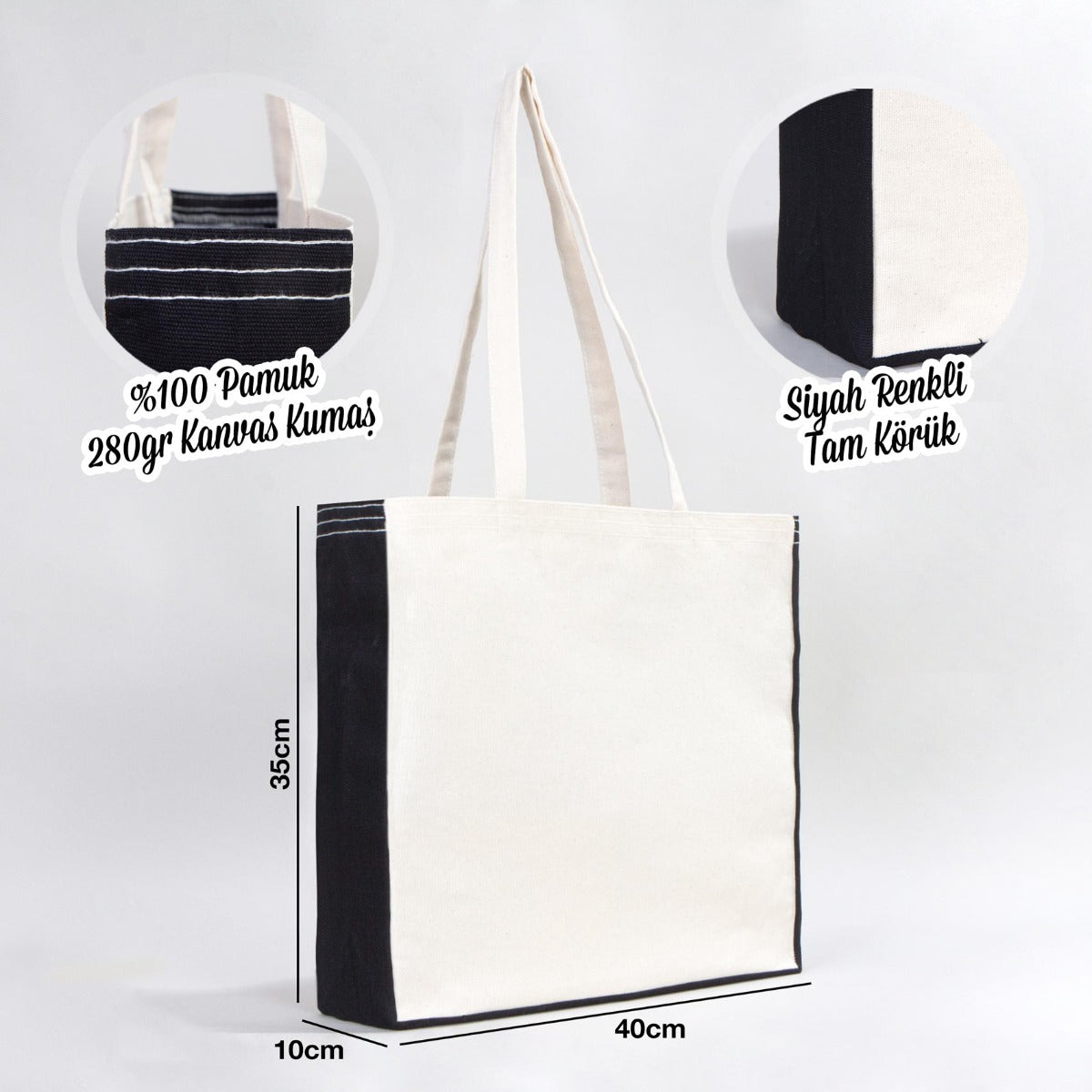 Classic Kanvas Çanta - Siyah Tam Körüklü 40x35x10 cm