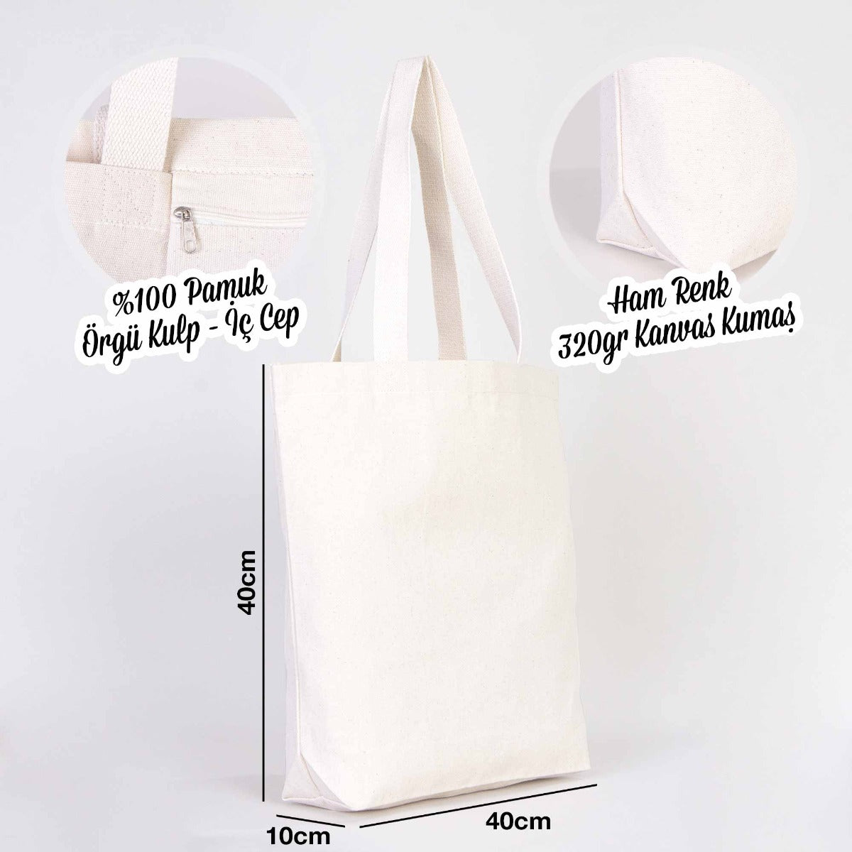 Kanvas Bez Çanta İç Cepli Örgü Kulp - 40x40x10 cm