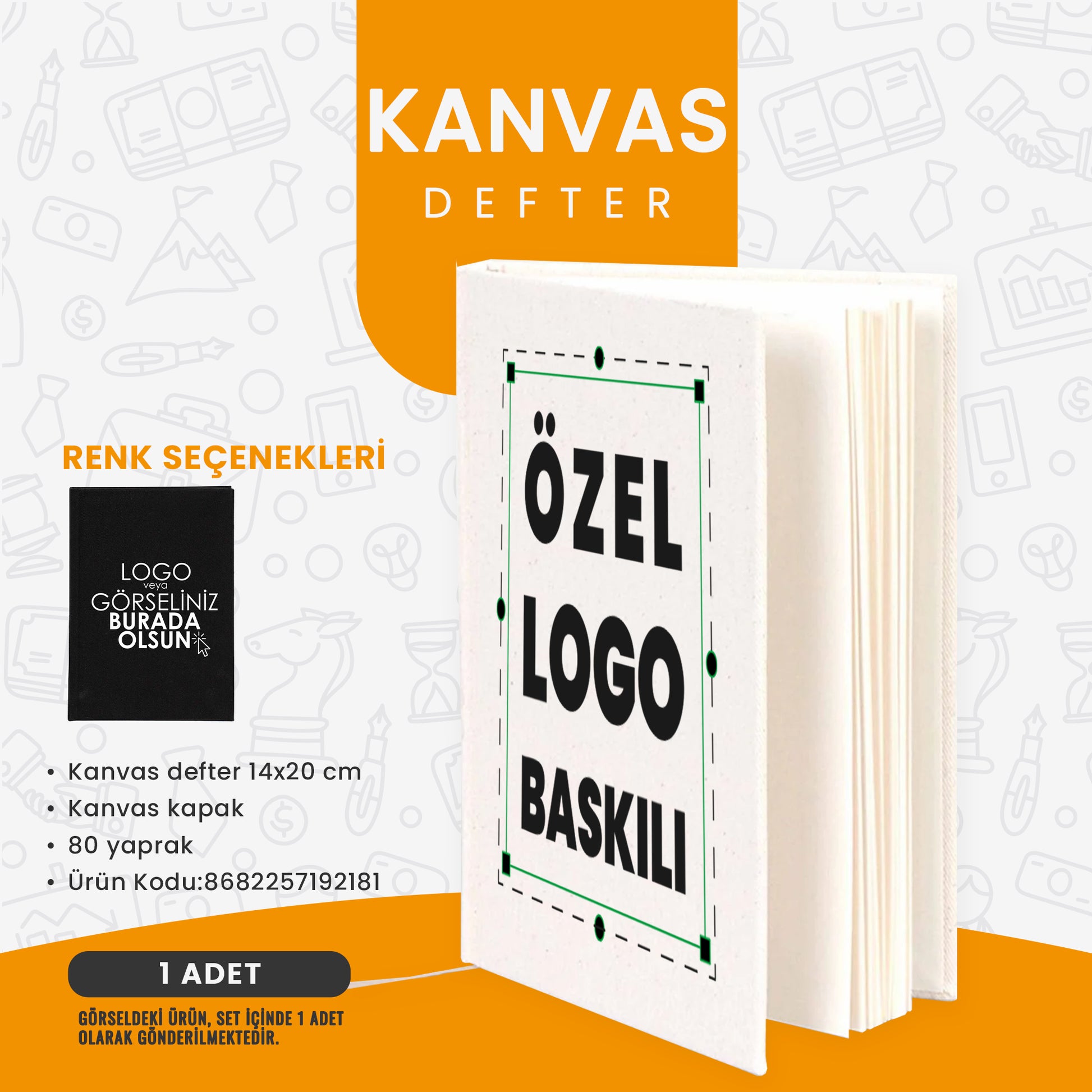 Kanvas defter – 14x20 cm, kanvas kapaklı, 80 yapraklı ve özel logo baskılı kurumsal defter.