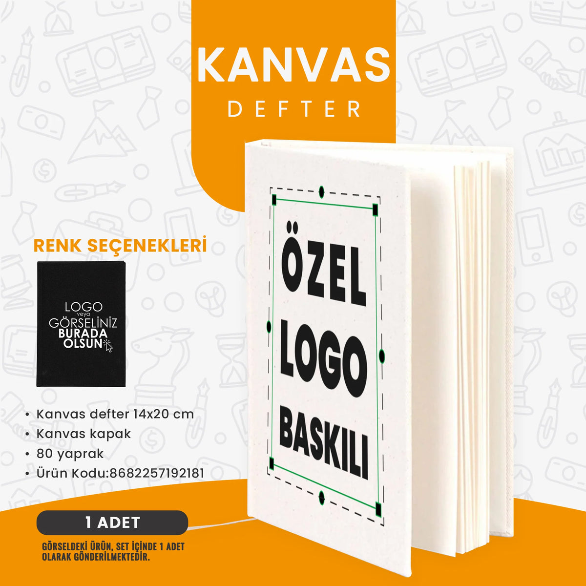 Özel logo baskılı kanvas defter; 14x20 cm boyutunda, kanvas kapaklı ve 80 yapraklı kurumsal promosyon defteri.