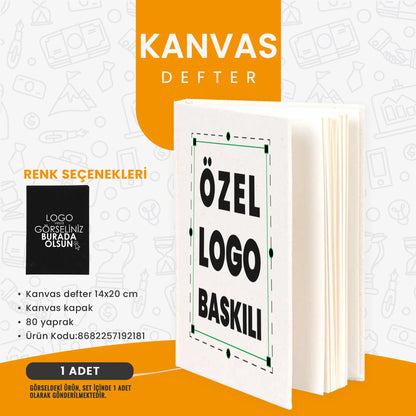 Özel logo baskılı kanvas defter; 14x20 cm boyutunda, kanvas kapaklı ve 80 yapraklı kurumsal promosyon defteri.